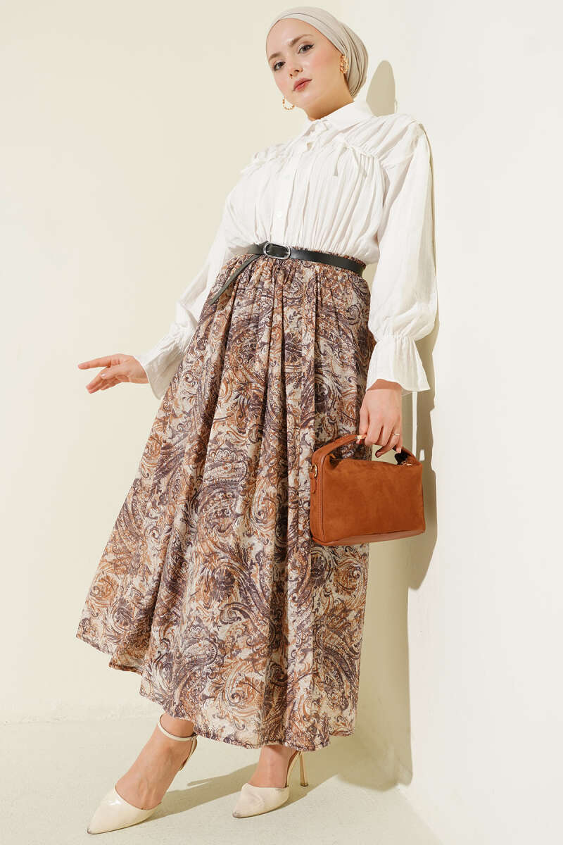 Bel Lastikli Desenli Kemerli Etek