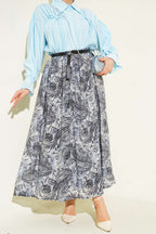 Bel Lastikli Desenli Kemerli Etek Lacivert