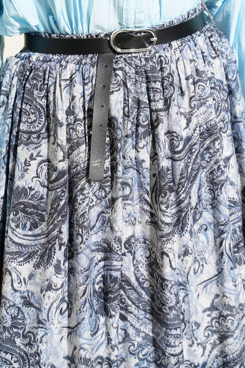 Bel Lastikli Desenli Kemerli Etek Lacivert