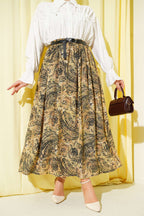 Bel Lastikli Desenli Kemerli Etek Sarı