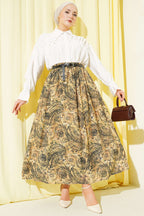 Bel Lastikli Desenli Kemerli Etek Sarı