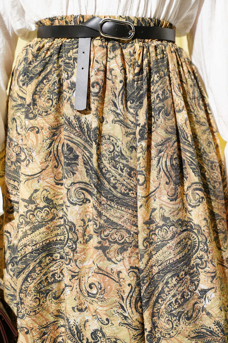 Bel Lastikli Desenli Kemerli Etek Sarı