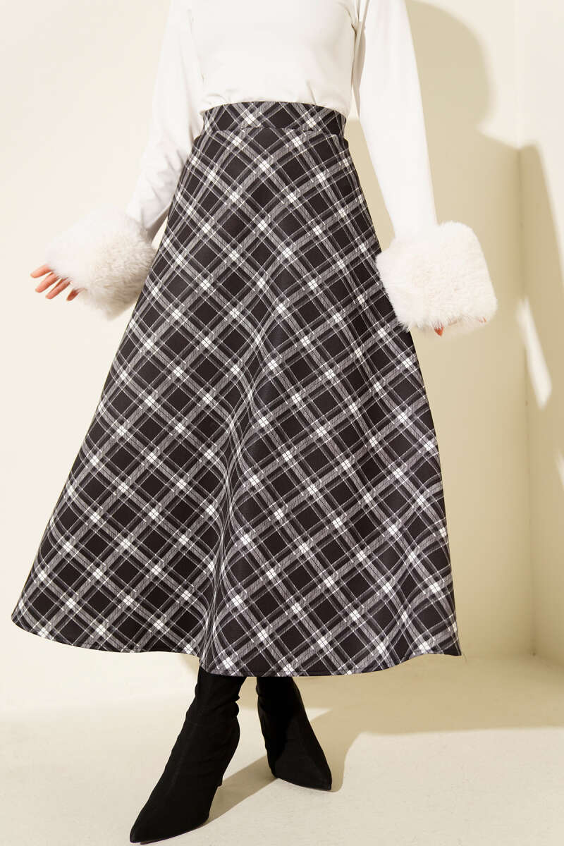 Bel Lastikli Ekoseli Scuba Etek