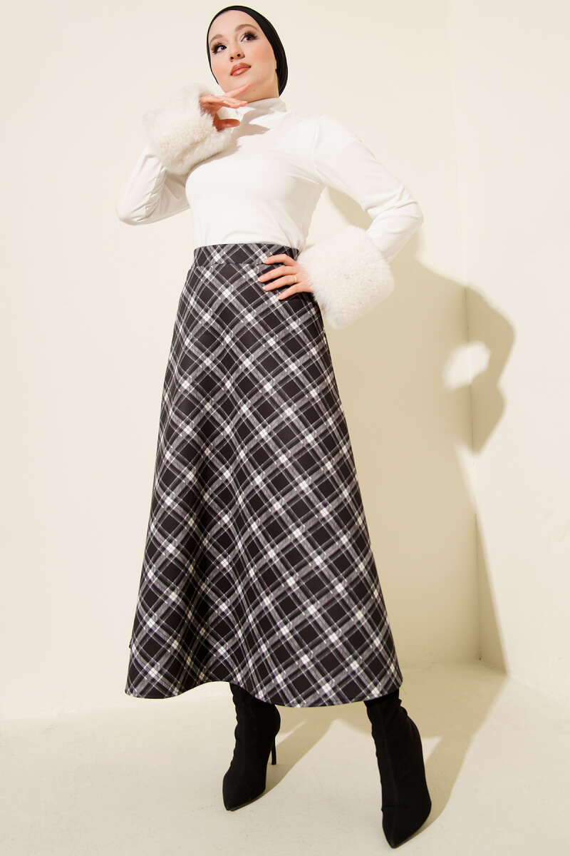 Bel Lastikli Ekoseli Scuba Etek