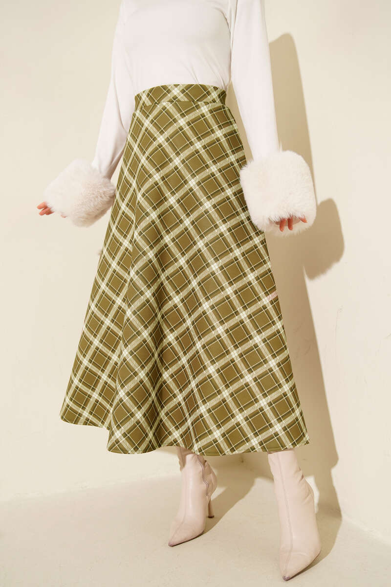 Bel Lastikli Ekoseli Scuba Etek Yağ Yeşili