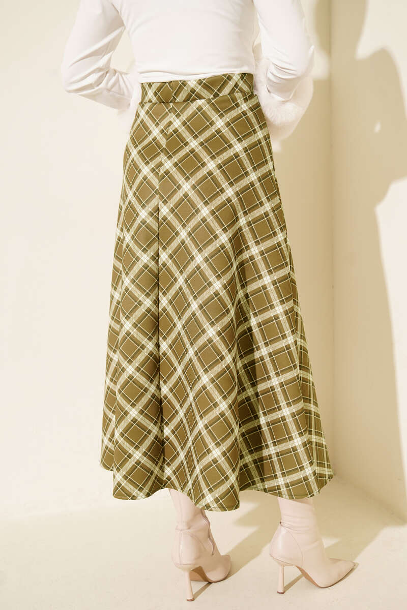 Bel Lastikli Ekoseli Scuba Etek Yağ Yeşili