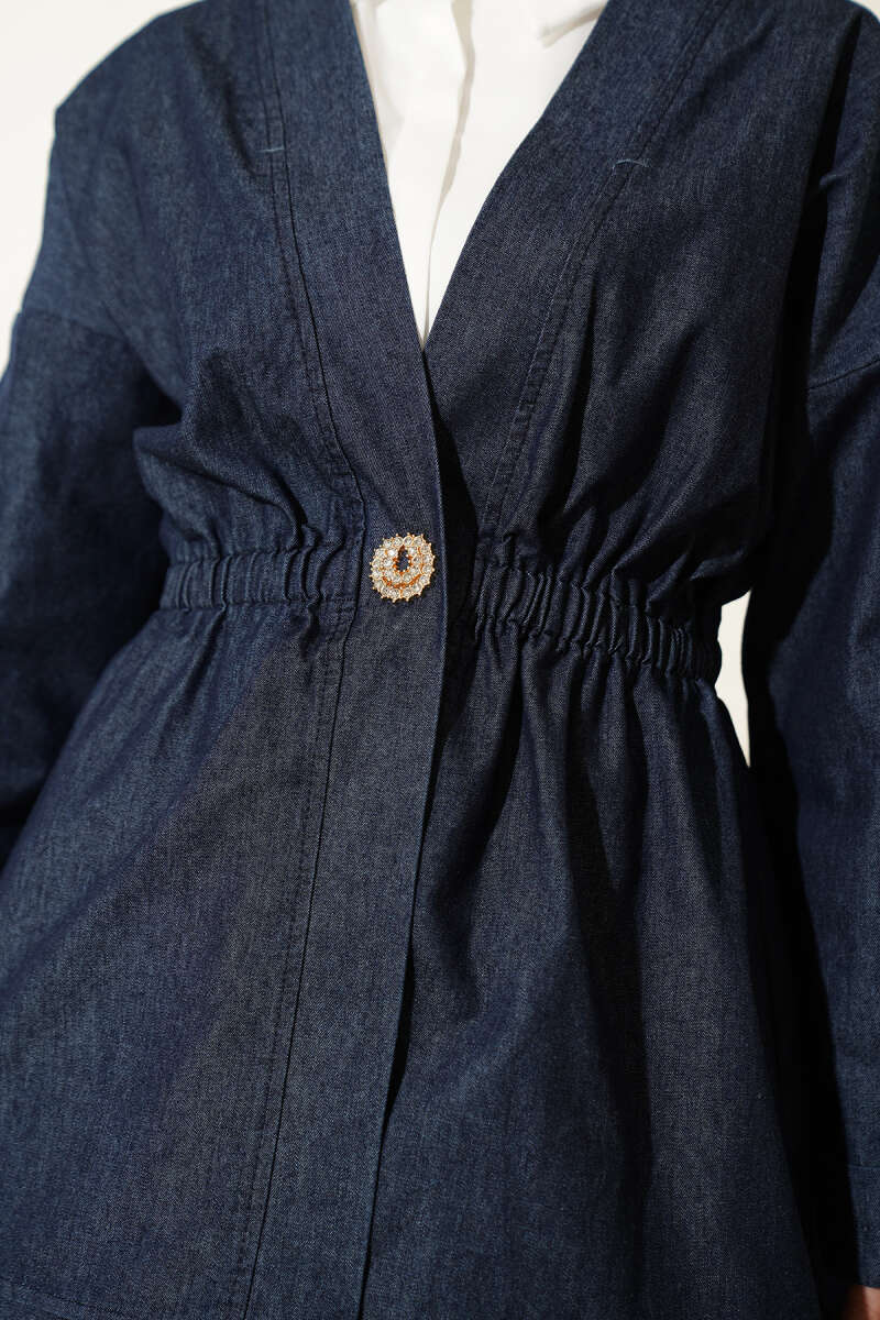Bel Lastikli Etekli Kimono Kot İkili Takım Lacivert