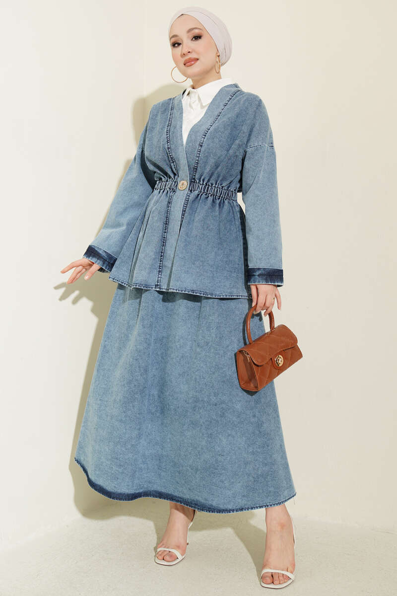 Bel Lastikli Etekli Kimono Kot İkili Takım Mavi