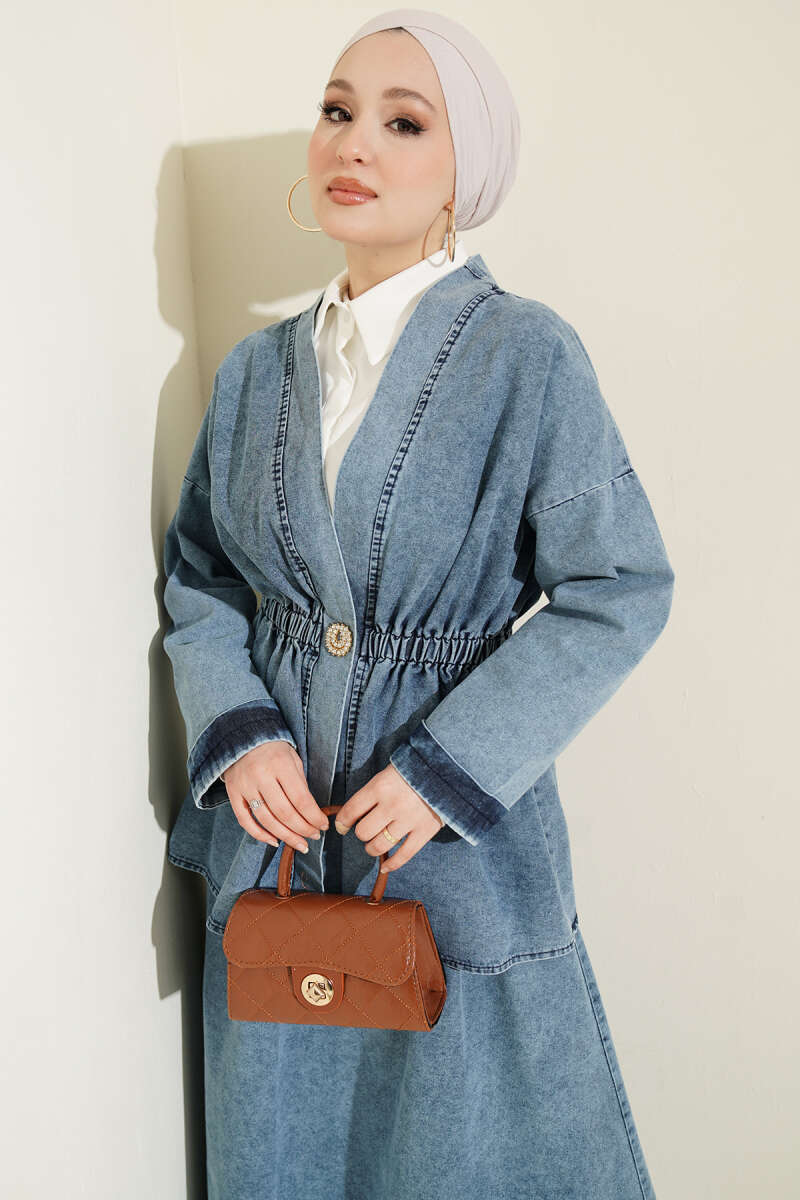 Bel Lastikli Etekli Kimono Kot İkili Takım Mavi