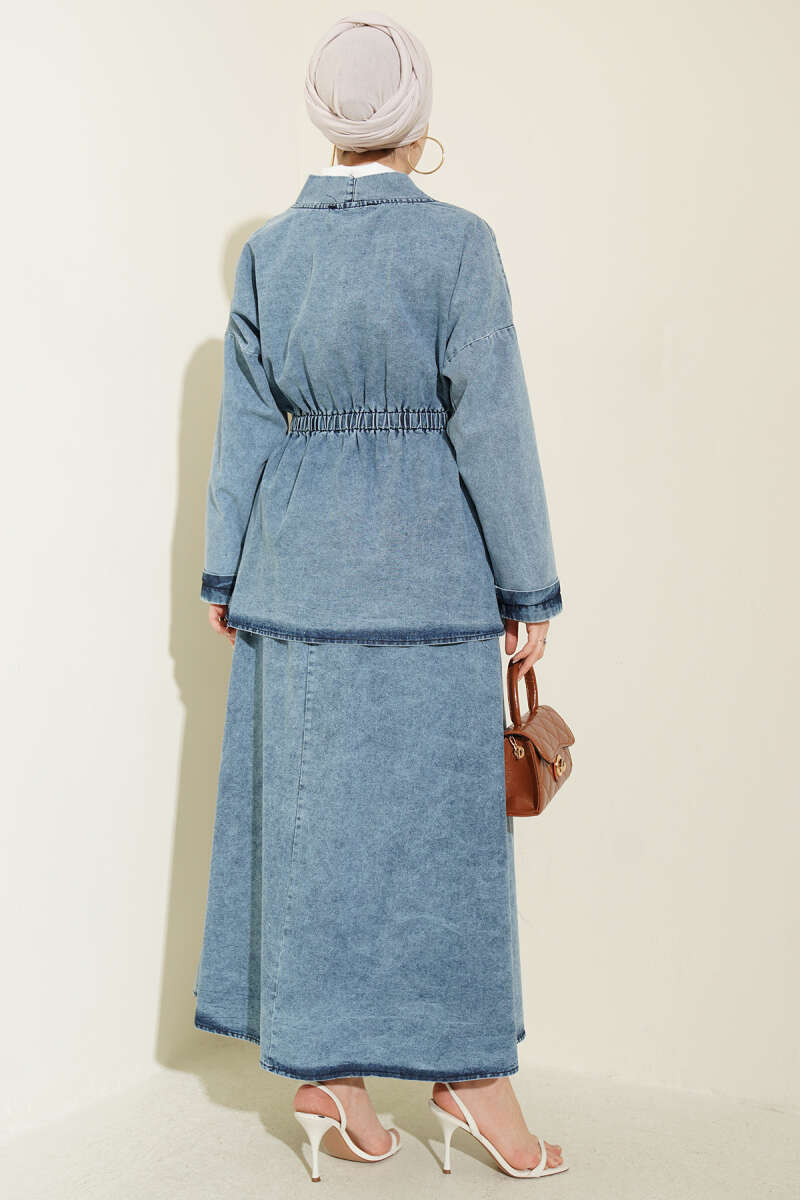 Bel Lastikli Etekli Kimono Kot İkili Takım Mavi