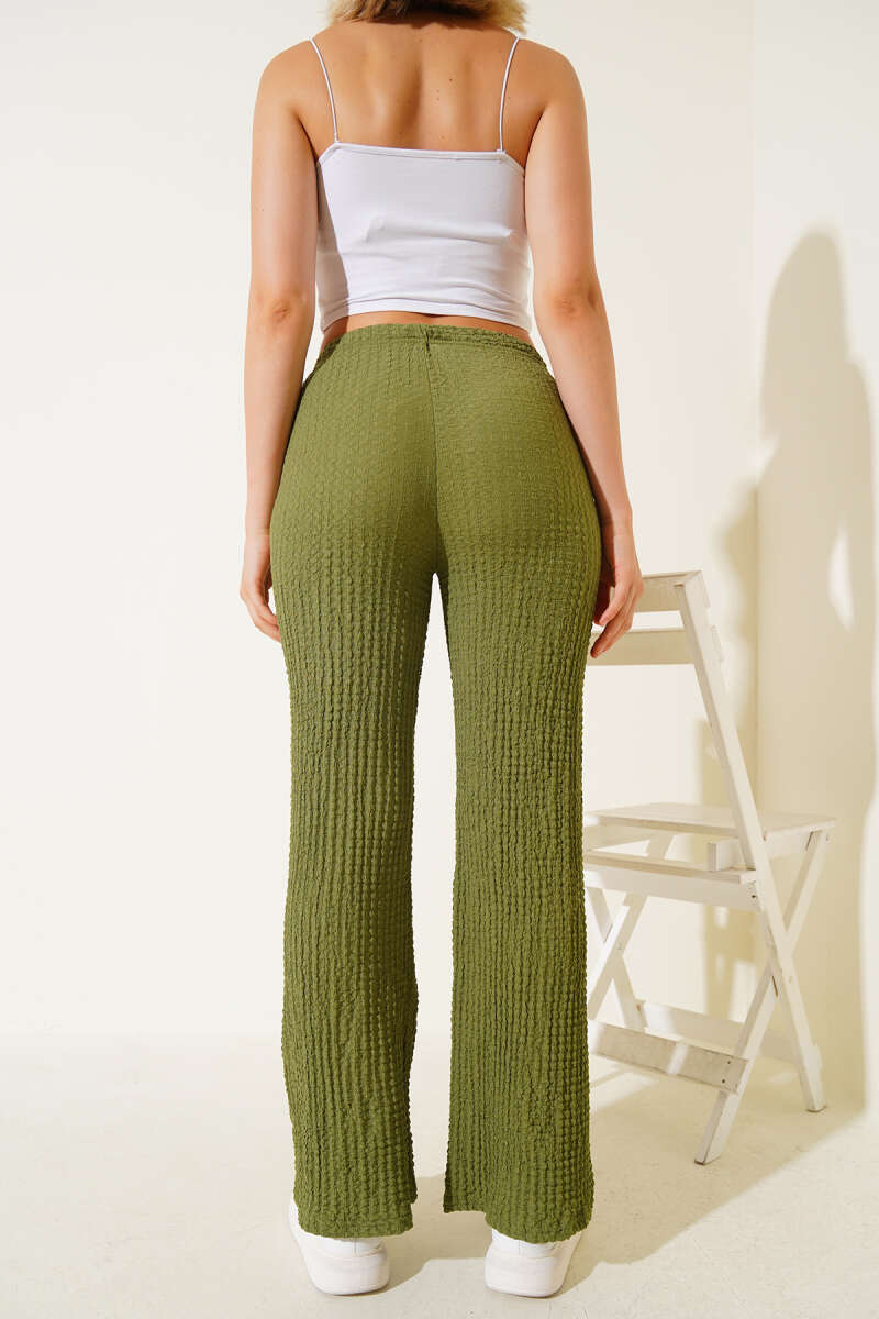 Bel Lastikli Geniş Paça Gofre Pantolon Yeşil