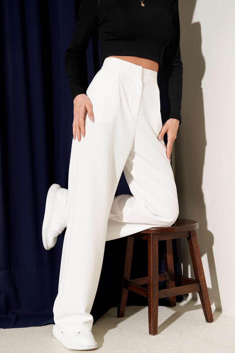 Wide Leg Trousers with Waist Collar