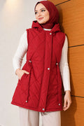 Quilted Hooded Vest with Belt Detail Burgundy