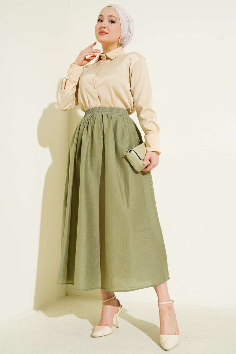 Beli Lastikli Cepli Kloş Etek Çağla Yeşili