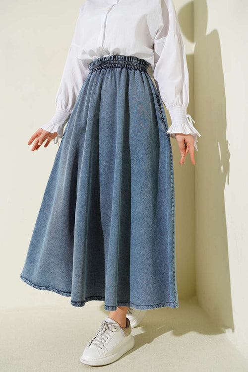 Beli Lastikli Cepli Kloş Kot Etek Açık Mavi