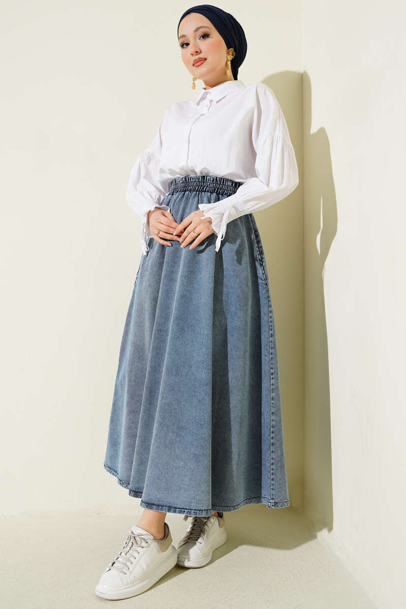 Beli Lastikli Cepli Kloş Kot Etek Açık Mavi