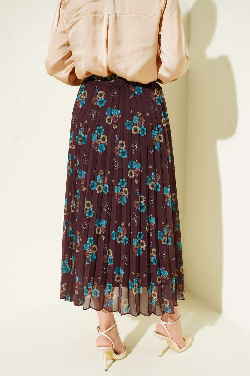 Beli Lastikli Çiçek Dese Pileli Etek