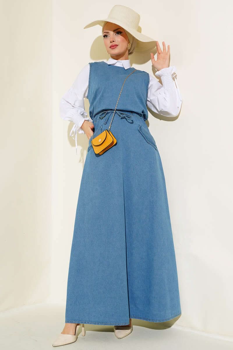 Beli Lastikli Çift Cep Kot Elbise