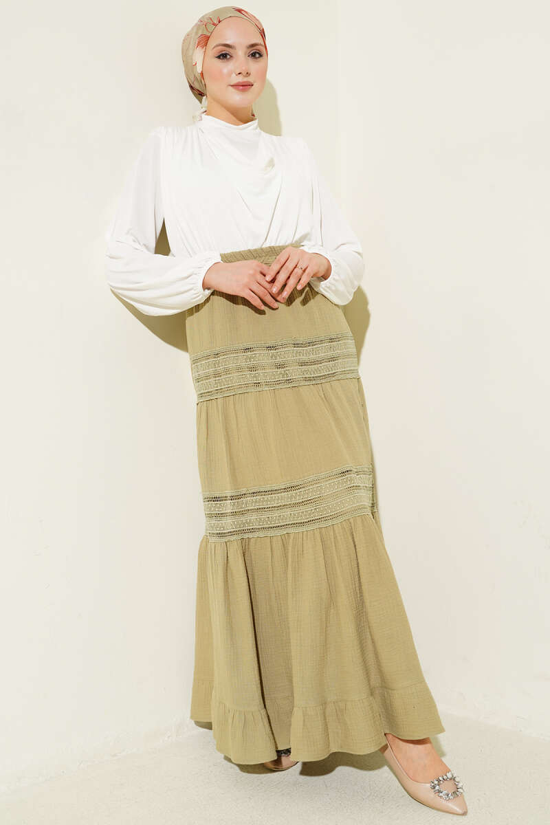 Muslin Skirt with Elasticated Waist and Guipure Stripe Второстепенное изображение товара