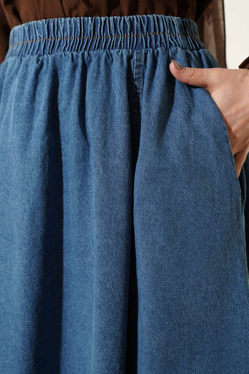 Beli Lastikli Kloş Kot Etek Mavi