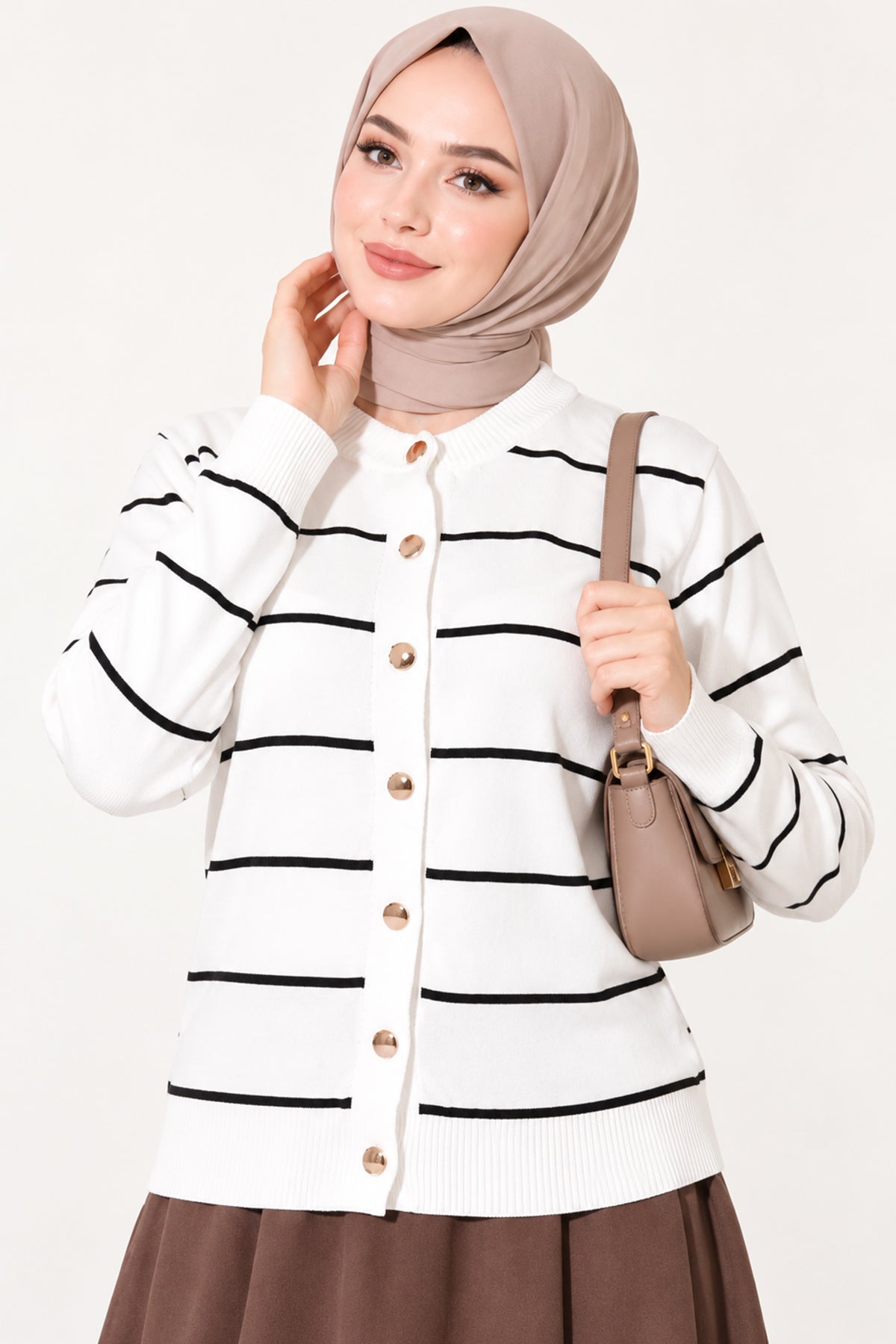 Gold Buttoned Striped Mercerized Cardigan White