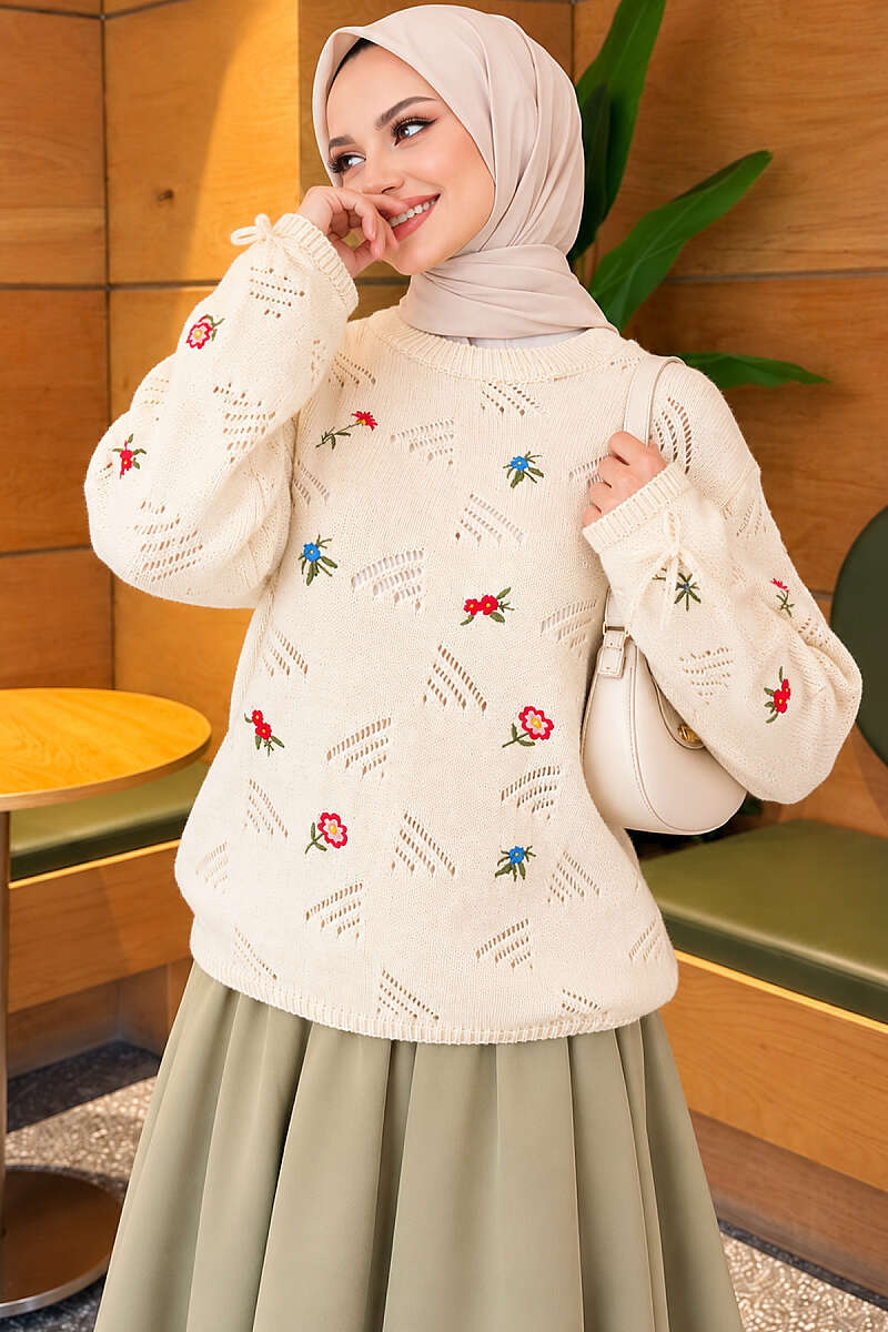 Wrist Tie Floral Embroidered Sweater Beige