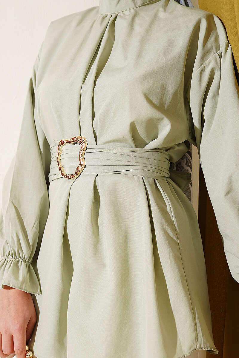 Bilek Lastikli Kuşaklı Poplin Tunik Mint