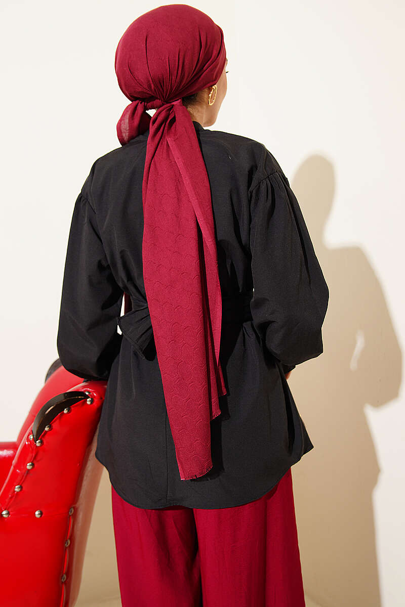 Bilek Lastikli Kuşaklı Poplin Tunik Siyah