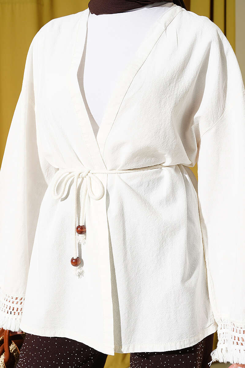 Bilek Püsküllü Keten Kimono