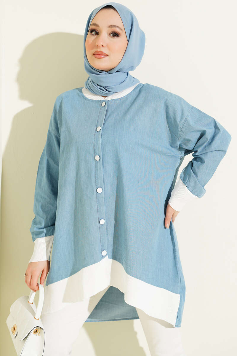 Bilek Ribanalı Düğmeli Kot Tunik Kot Mavisi