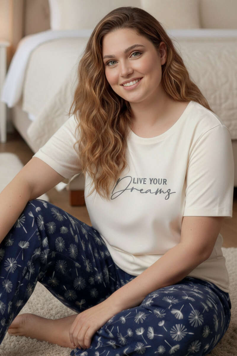 Bisiklet Yaka Baskılı Büyük Beden Pijama Takımı