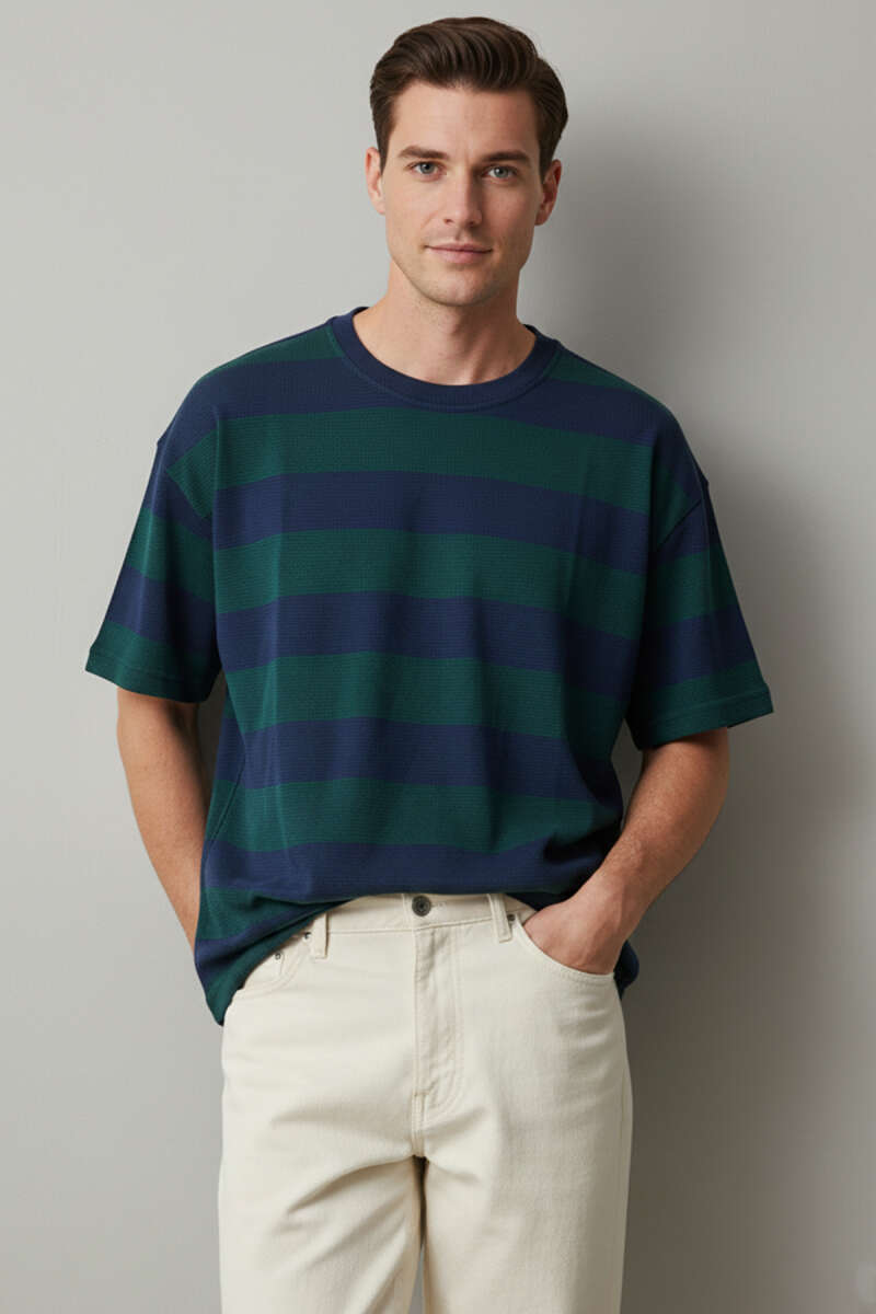 Bisiklet Yaka Blok Renkli T-shirt Lacivert