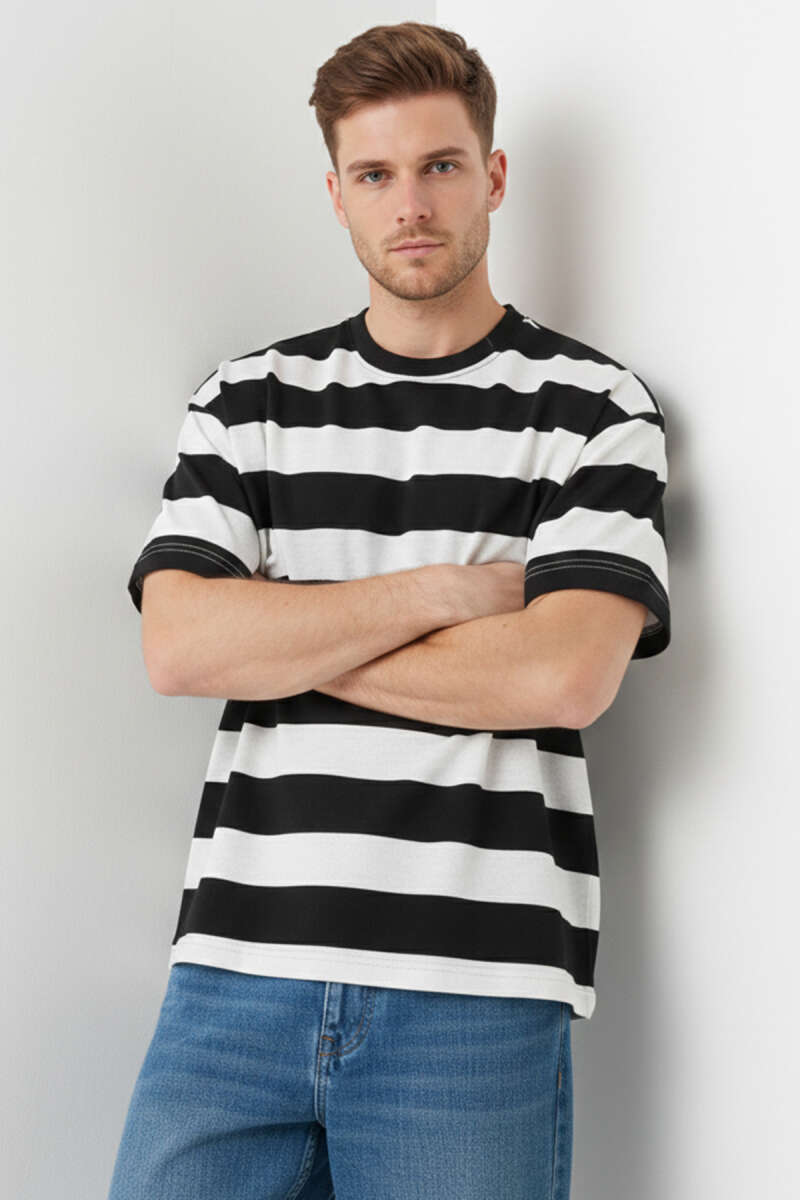 Bisiklet Yaka Blok Renkli T-shirt Siyah