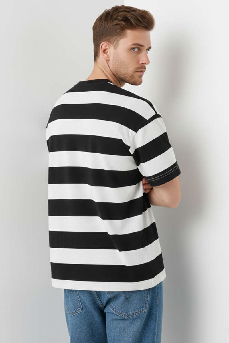 Bisiklet Yaka Blok Renkli T-shirt Siyah