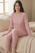 Bisiklet Yaka Desenli Pamuklu Waffle Pijama Takımı
