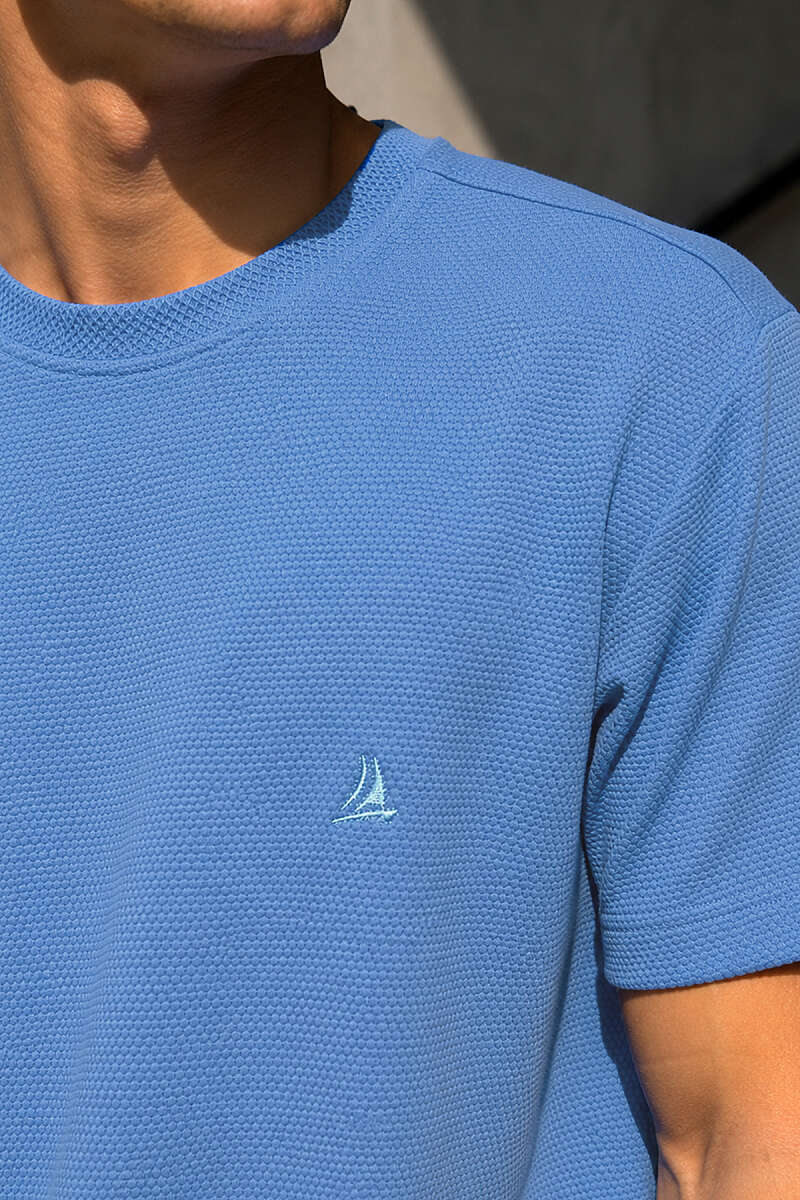 Bisiklet Yaka Göğüs Armalı Erkek T-shirt İndigo