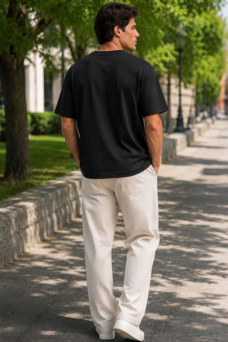 Bisiklet Yaka İnce Çizgili Erkek T-shirt Siyah