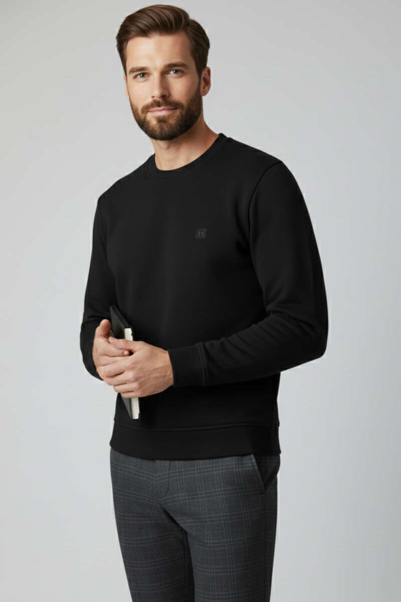 Bisiklet Yaka Manşetli Erkek Sweatshirt Siyah