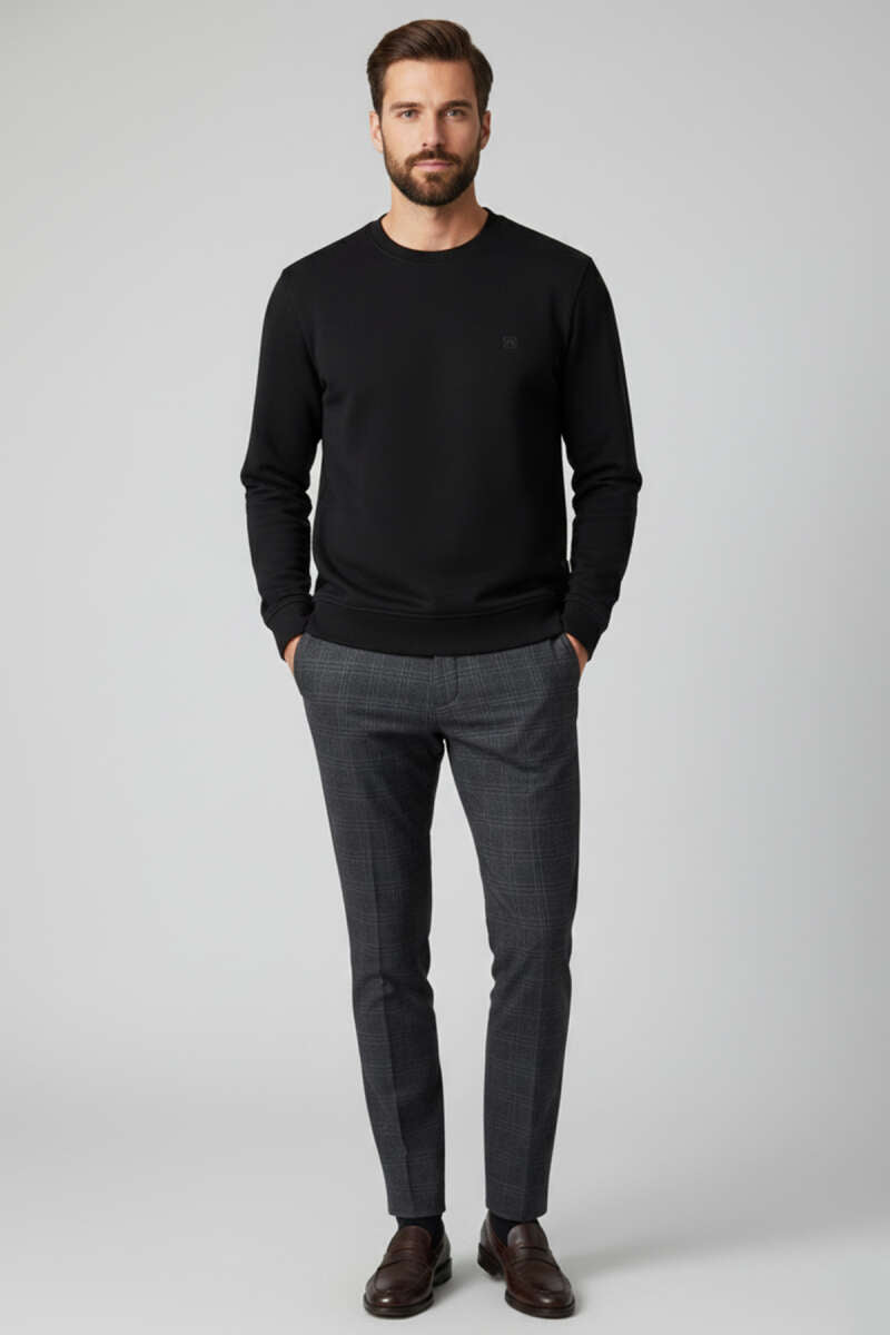 Bisiklet Yaka Manşetli Erkek Sweatshirt Siyah