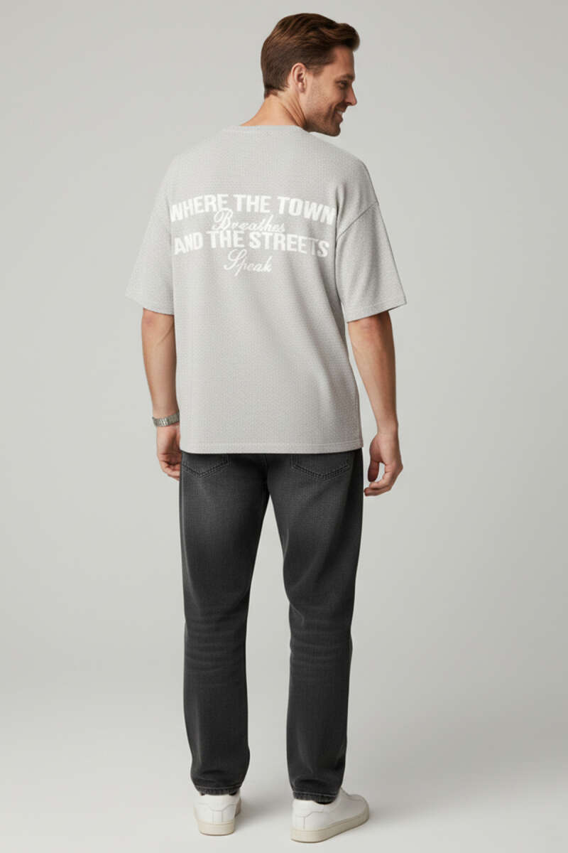 Bisiklet Yaka Nakışlı Örme T-shirt Gri