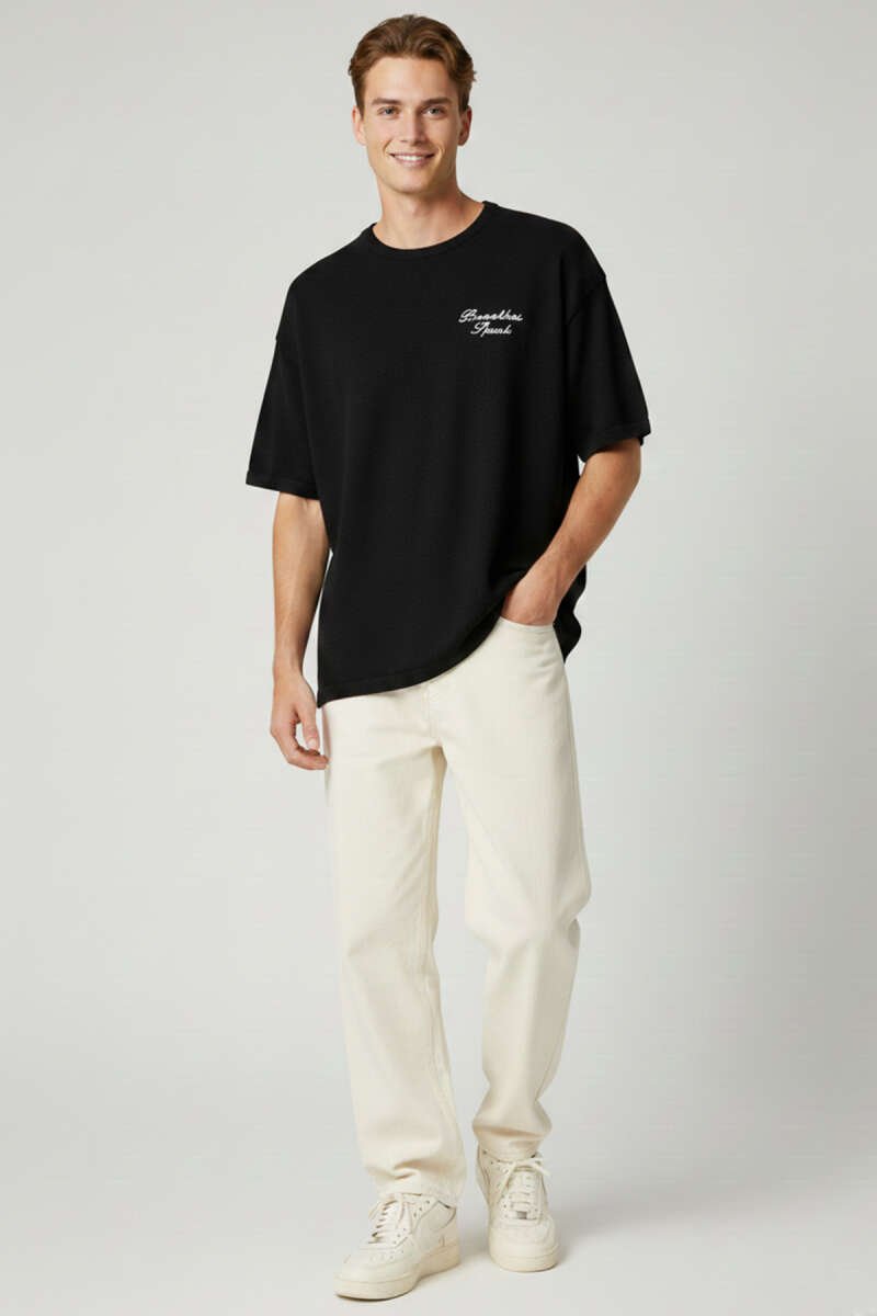 Bisiklet Yaka Nakışlı Örme T-shirt Siyah