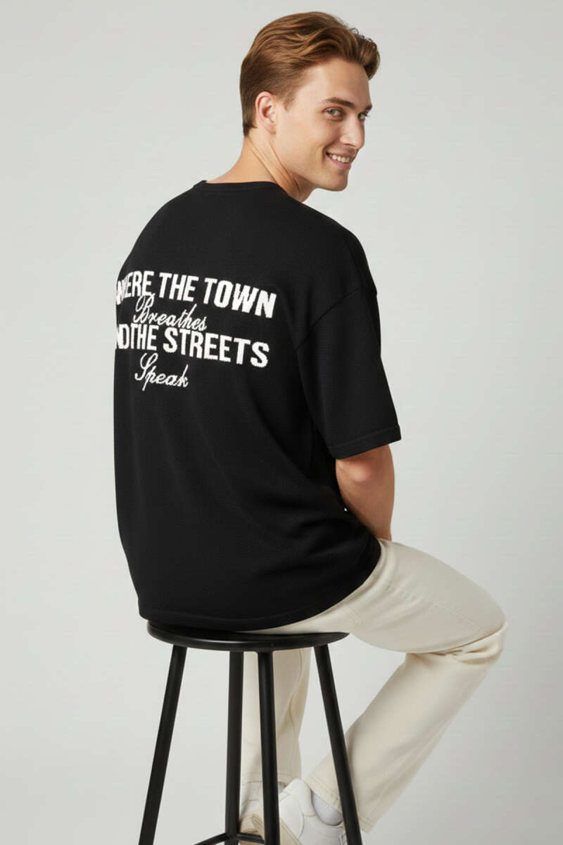 Bisiklet Yaka Nakışlı Örme T-shirt Siyah