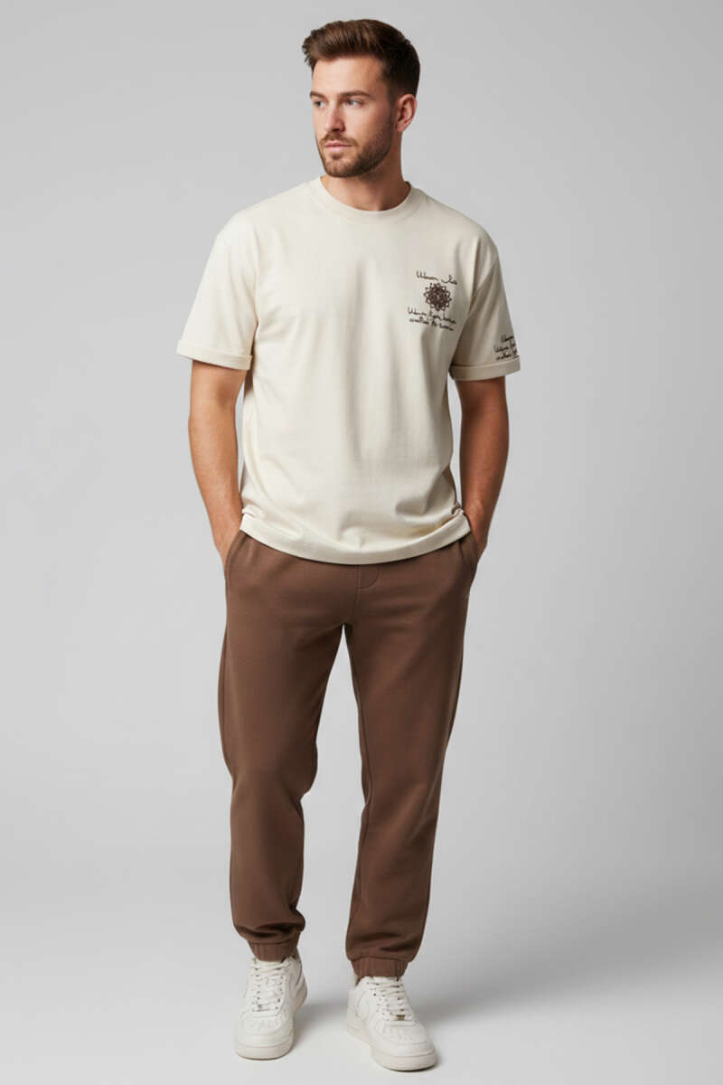 Bisiklet Yaka Nakışlı Oversize T-shirt Kemik