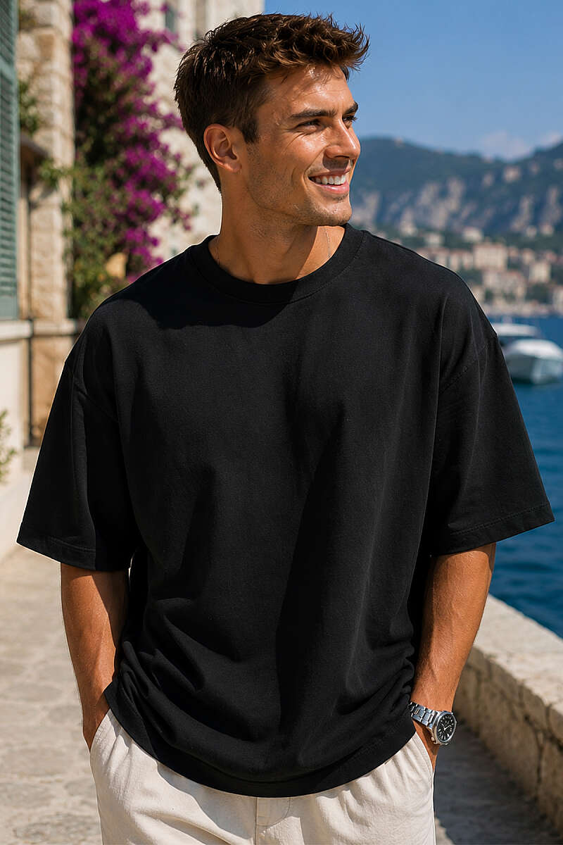 Bisiklet Yaka Oversize Erkek Basic T-shirt Siyah