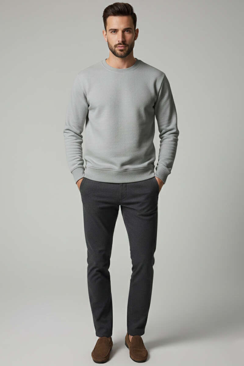 Bisiklet Yaka Selanik Erkek Sweatshirt Gri
