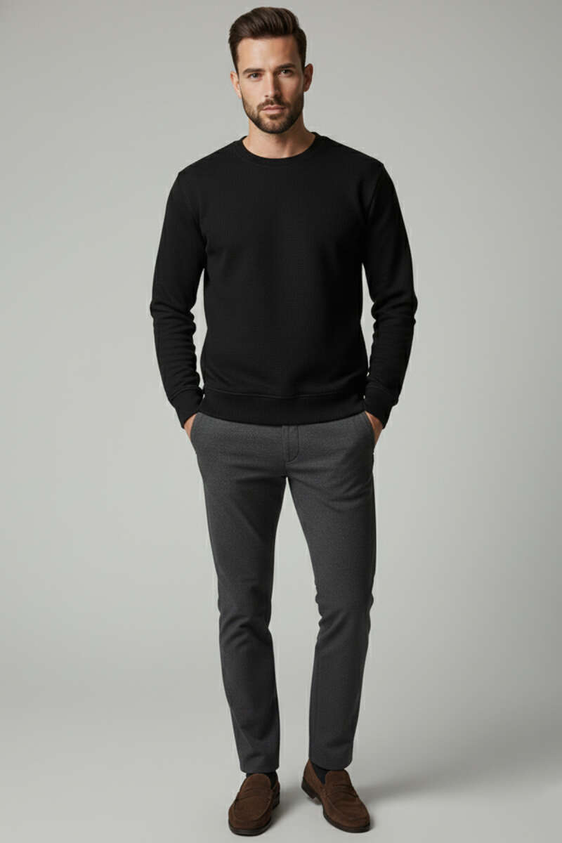 Bisiklet Yaka Selanik Erkek Sweatshirt Siyah