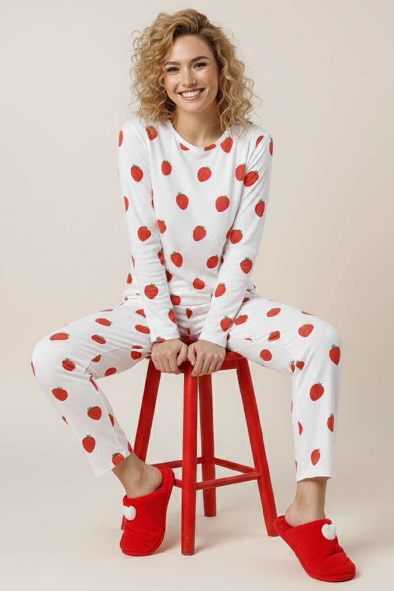 Bisiklet Yaka Uzun Kol Desenli Pijama Takımı