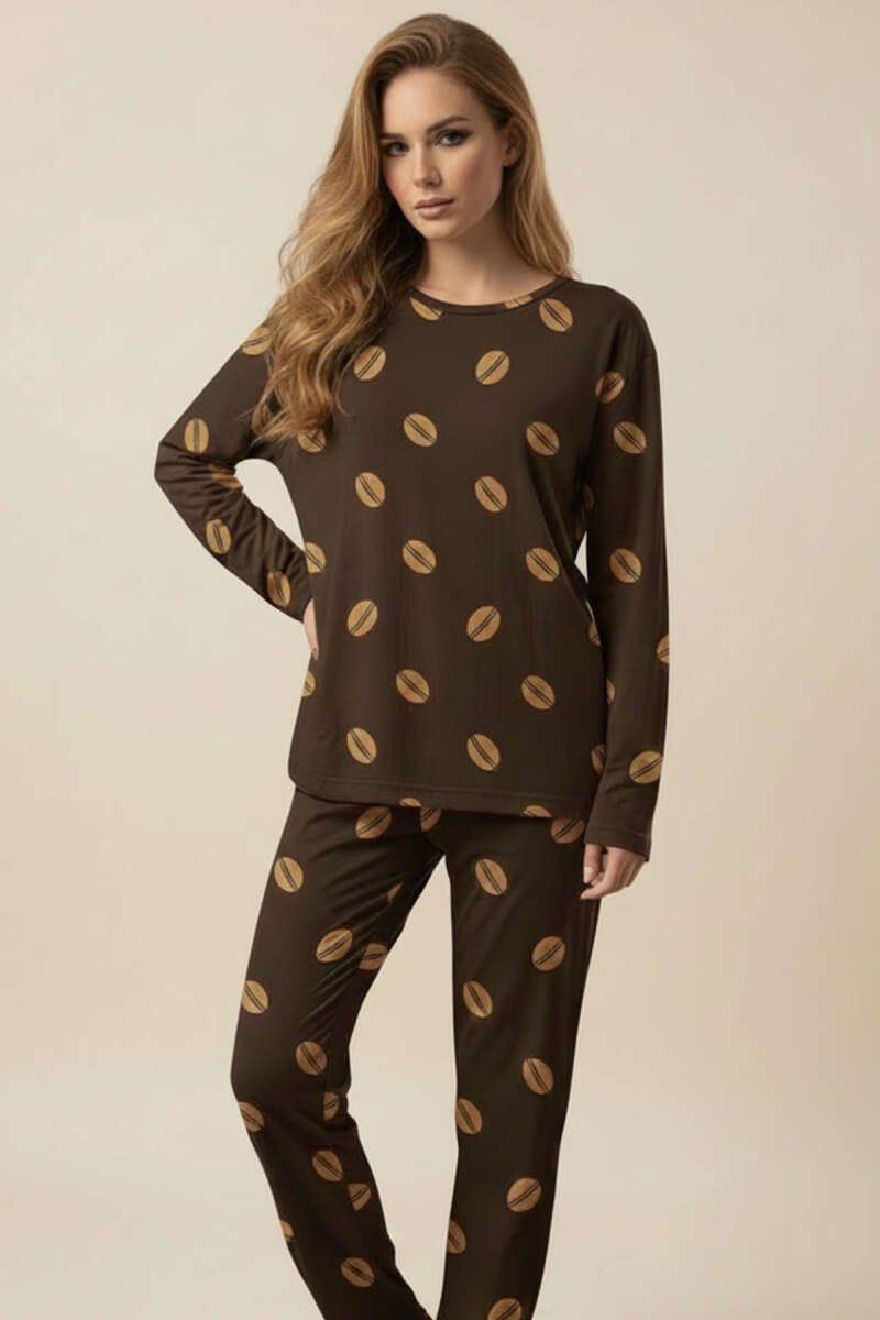 Bisiklet Yaka Uzun Kol Desenli Pijama Takımı