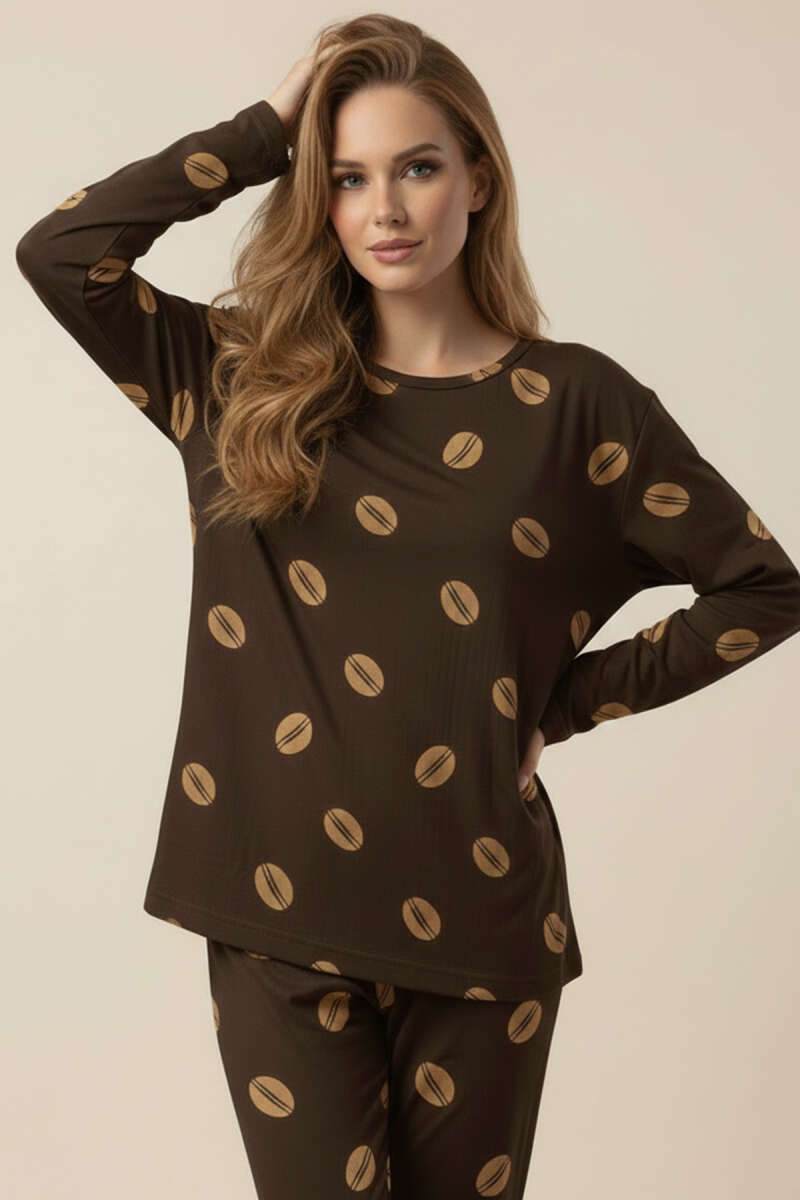 Bisiklet Yaka Uzun Kol Desenli Pijama Takımı