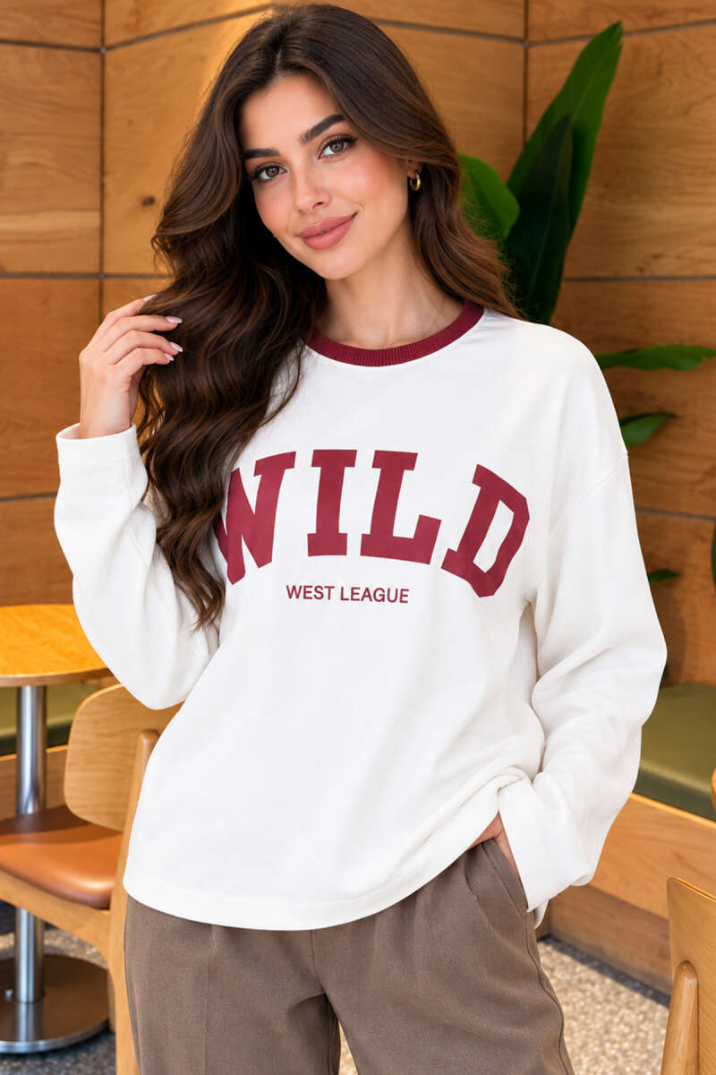 Crew Neck Wild Print Blouse Burgundy